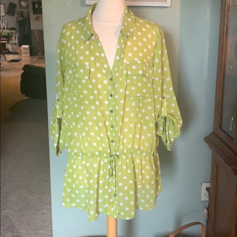 Lane Bryant green wirh white polka dot top